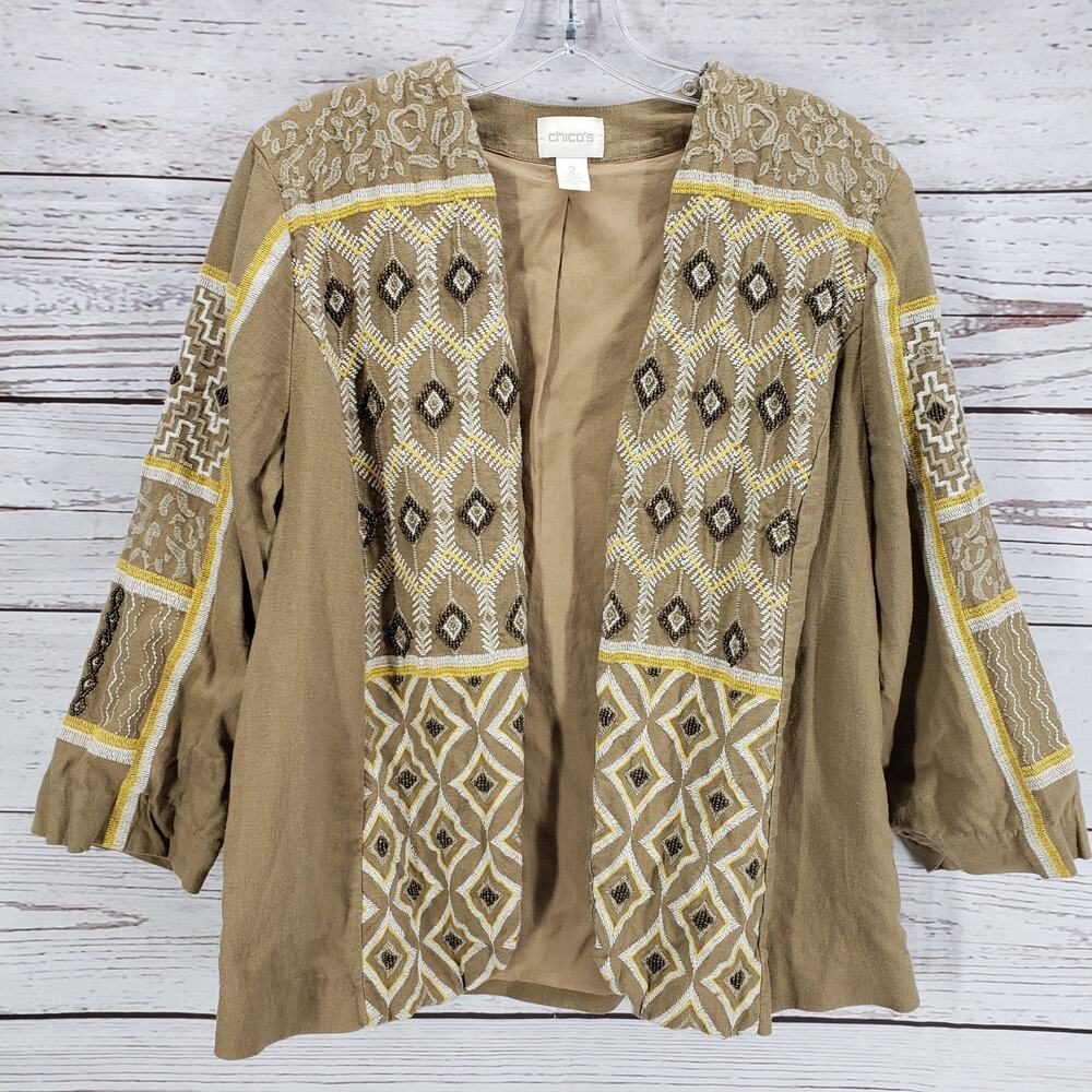 Chico's Women's Diamond Artisan Linen Blend Open Blazer Jacket Size 2